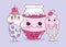 Cute food ice cream cups and jar with cherries sweet dessert pastry cartoon