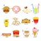 Cute food with yummy fast food, sweet dessert, bakery and donut with face on meal comic fast food vector illustration