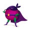 Cute foodplum in cloak of superhero and a purple mask.