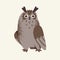 Cute forest animal, wild bird. Woodland eagle owl, predatory beast, fuzzy nice owlet sit and watch. Friendly night