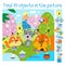 Cute forest animals in spring. Background with flowering trees. Find 10 items. Game for children. Hand drawn full color