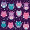 Cute forest owls vector seamless pattern. Hand drawn lovely birds background in colors of purple, blue and pink