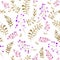 Cute forest repeating pattern: ditsy flowers, leaves, grasses. Seamless floral background for fashion design. Watercolor