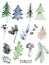 Cute forest watercolor symbols with woody landscape. Scandinavian decorative illustration.