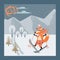 Cute fox animal cartoon character skiing in mountains, flat vector illustration.