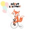 Cute fox by bicycle. Birthday greeting cards.