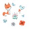 Cute fox and bird, butterfly mushroom and flowers spring collection