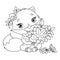 Cute fox with bouquet of autumn leaves coloring page. Outline cartoon illustration