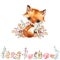 Cute fox character surrounded by forest herbs, leaves and wild berries. Border of autumn leaves and berries.