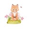 Cute fox cub in the grass with watercolor flowers. Baby foxes in the clearing. Illustration of a forest animal in childish style.