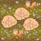 Cute fox cubs in wreaths of bell flowers and little birds frolic in the summer forest. Seamless patchwork pattern in vector