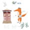 Cute Fox and Dove and olive. Card. World Post Day, October 9, illustration for world post day with postbox.