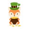 Cute fox in green leprechaun hat with clover holds bowler with gold coins. Cartoon sweet animal. Vector St. Patrick`s Day