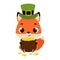 Cute fox in green leprechaun hat holds bowler with gold coins. Irish holiday folklore theme. Cartoon design for cards