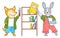 Cute fox hold test tube with liquid with bubbles, bunny with notebook, papers, teacher, pupil