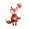 Cute Fox Holding Heart Balloon. Valentine\\\'s Day.