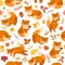 Cute fox pattern. Orange foxes print, awesome wild forest animal. Funny woodland wallpaper, exact baby nursery nature