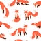 Cute fox pattern. Seamless background with funny happy wild red orange animals, repeating print. Endless printable foxy