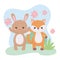 Cute fox rabbit flowers foliage cartoon animals in a natural landscape