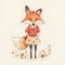 Cute fox in a red blouse and a beige skirt with flowers, boho style, beige background, watercolor