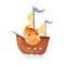 Cute fox swims on a wooden ship. Vector illustration on white background.