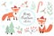 Cute fox in the winter forest set of objects. Collection of design elements with a little foxy in a hat of Santa Claus