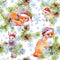 Cute foxes, rabbits in red holiday hats in snow fall. Fir christmas tree branches, cones. Seamless pattern for Christmas