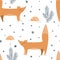 Cute foxes, winter forest, and croissants. Cozy repeated texture, childish print for kids fabric and wrapping paper