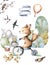 Cute Foxy on bike. Easter set for greeting card. Hand drawn watercolor forest animals. Woodland cartoon collection