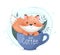 Cute foxy sitting in big coffee cup. Adorable fox