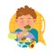 Cute Freckled Boy Having Breakfast Eating Broccoli Vector Illustration