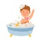 Cute Freckled Boy Sitting in Bathtub and Bathing with Soap Vector Illustration