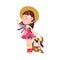 Cute Freckled Girl in Wide Brimmed Hat Walking with the Dog Vector Illustration