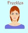 Cute freckled redhaired young woman portrait for avatar isolated on a blue background