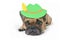 Cute French Bulldog dog with big eyes wearing a traditional German Tyrolean Oktoberfest pape hat lying down