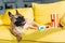 Cute french bulldog lying near 3d glasses and tasty popcorn in bucket on yellow sofa.