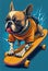 a cute French bulldog in orange t-shirt a rides a skateboard