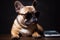 Cute french bulldog with surprised eyes in sunglasses with smile. AI generated.