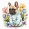 Cute French Bulldogs in Easter Pajamas with Spring Flowers Watercolor AI Generated