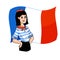 Cute French woman with striped shirt and beret. Funny drawing of Frenchwoman. Typical European character.