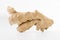 Cute fresh ginger root standing on white background
