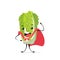 Cute fresh green chinese cabbage character tasty mascot vegetable personage in red hero cape healthy food concept