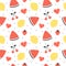 Cute fresh summer fruits seamless vector pattern background illustration with lemons, cherries, strawberries and watermelon slice