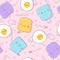 Cute fried egg and bread with face emotions seamless pattern