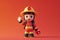 A cute friendly 3d fire fighter character waving to the camera. 3D Rendering style illustration