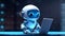 Cute friendly articifial intelligence robot using laptop computer with blue neon glow light, chatbot and AI assistant concept