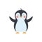 Cute friendly baby penguin smiling while raising wings, flat vector isolated.