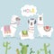 Cute friends mexican white alpaca llamas with cactuses