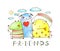 Cute friends monster animals with clouds and rainbow