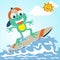Cute frog cartoon surfing at summer